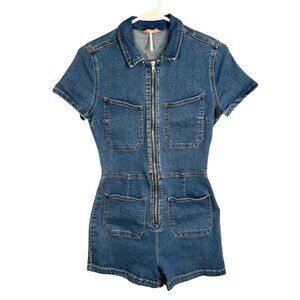 NWT FREE PEOPLE CRVY Denim Romper Utility Jumpsuit Zip Front Blue– Women’s 12
